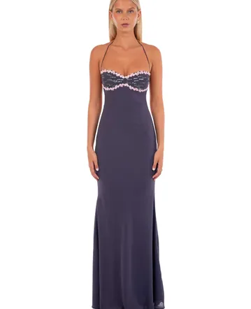 lainey purple satin sequin pearls beaded maxi dress The Perfect Wedding Guest Dress Search: LAINEY PURPLE SATIN SEQUIN PEARL BEADED MAXI DRESS