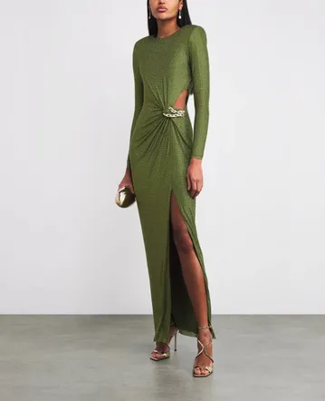 green emerald velvet dress Olive Rhinestone Embellished Maxi Dress  self-portrait