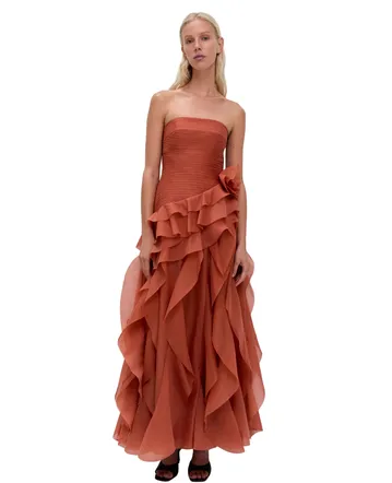 Meshki Dalia Off Shoulder Satin Maxi Dress Dark Chocolate Size 8 & 12 Meshki Dalia Off Shoulder Satin Maxi Dress Dark Chocolate Size 8 & 12