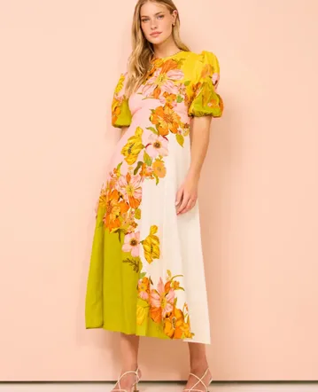 knee length dresses for ladies Aje - Capucine Puff Sleeve Midi Dress Blue Floral (Size 14) – Goldie's main image 0