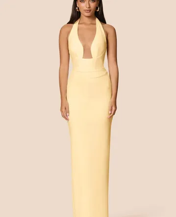 Miss Circle Lainey Satin Sequin Pearls Beaded Maxi Dress Gold Size XS